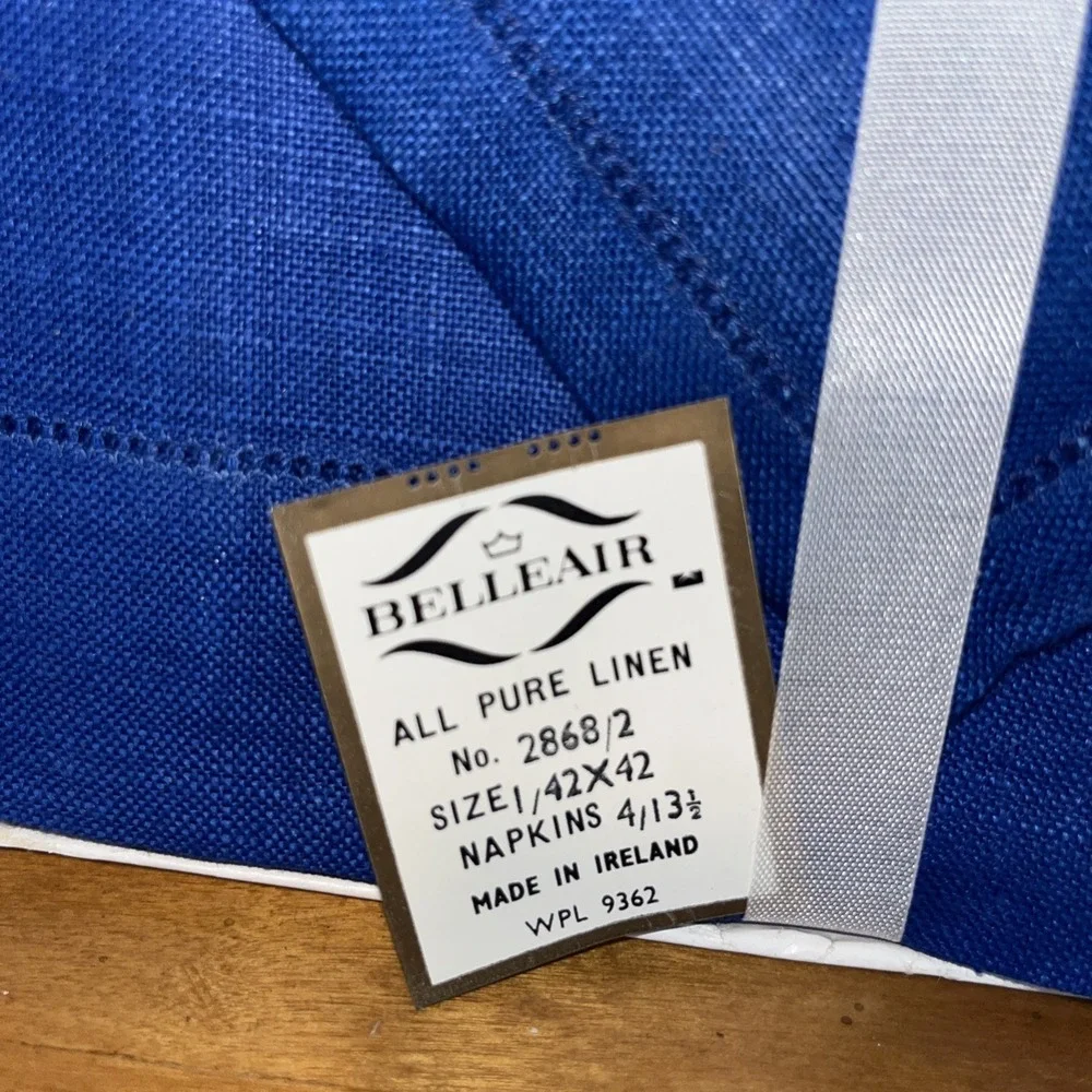 VTG Belle Aire Linen Table Cloth & Napkin Set Blue NOS Made In Ireland